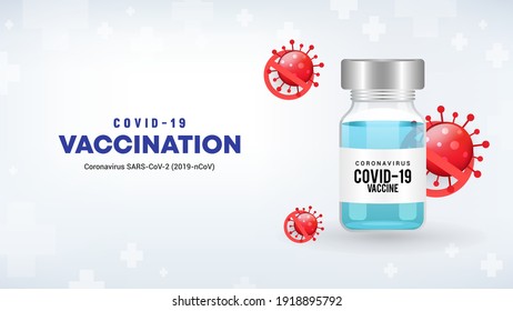 COVID-19 Vaccination background with vaccine bottle and stop virus symbol vector illustration