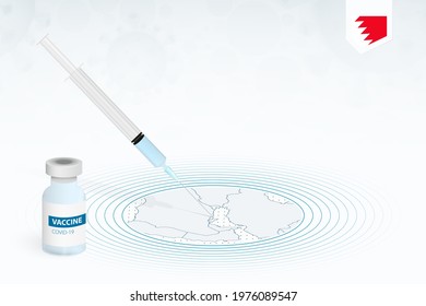 COVID-19 vaccination in Bahrain, coronavirus vaccination illustration with vaccine bottle and syringe injection in map of Bahrain. Vector template.