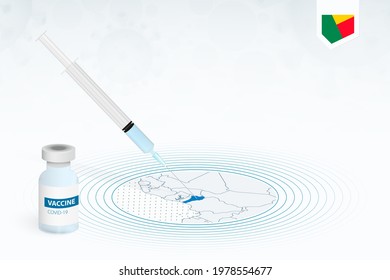 COVID-19 vaccination in Benin, coronavirus vaccination illustration with vaccine bottle and syringe injection in map of Benin. Vector template.