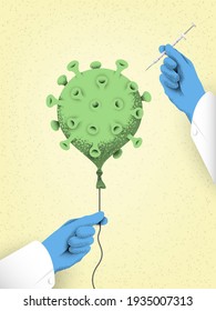 Covid-19 vaccination campaign concept vector illustration, a metaphor where virus vanishes as a balloon popped by a needle of the syringe in doctors hands