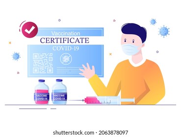 Covid-19 Vaccination Certificate Icon with a Document as Proof of being Vaccinated in the Form of a Card or Scan on a Smartphone. Background Vector Illustration

