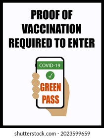 Covid-19 Vaccination Certificate , Also Known As Green Pass In Europe, Is Required To Enter. Information And Warning Sign.