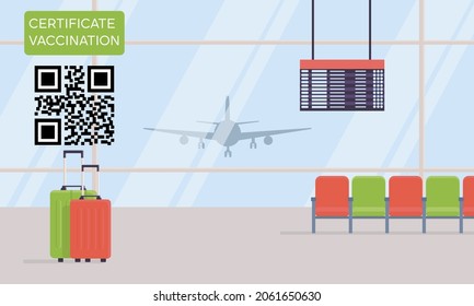 Covid-19 vaccination certificate with QR code for travel. Airport, departure hall, electronic scoreboard. Concept of health with coronavirus vaccination. Traveling during pandemic. Vector illustration