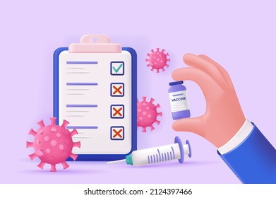 Covid-19 vaccination concept 3D illustration. Icon composition with medical questionnaire, syringe, viruses and bottle with vaccine. Immunity and health care. Vector illustration for modern web design