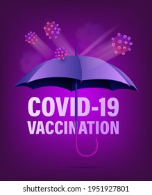Covid-19 vaccination concept. Coronavirus illustration with umbrella, virus moleculas and inscription