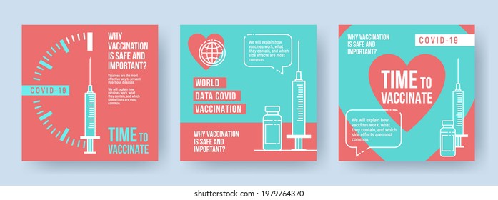 COVID-19 vaccination concept design. Set of covers, banners or posters with Time to vaccinate text, syringe with vaccine and quotes why vaccination is safe and important.