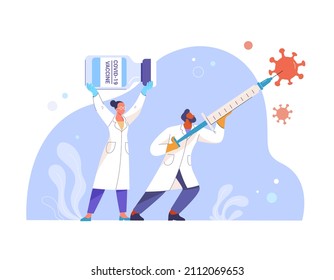 COVID-19 Vaccination concept. Flat style vector illustration of two doctors with syringe and vaccine fighting against coronavirus. Isolated on background