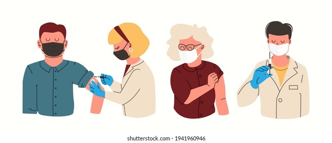 Covid-19. Vaccination concept for immunity health. Doctor makes an injection of flu vaccine to man and woman. Healthcare, coronavirus. Vector flat EPS 10.