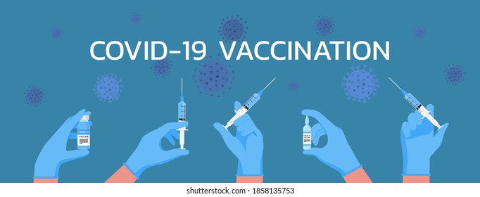 COVID-19-Impfkonzept, medizinischer Grippeschuss von Händen eines Arztes mit Handschuh-Haltspritze mit Nadel- und Ampullenimpfstoff zur Behandlung von Grippe-Coronavirus, flache Vektorgrafik