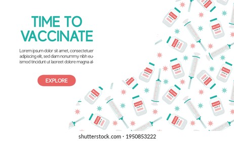 COVID-19 vaccination concept. Seamless pattern of syringe with vaccine against coronavirus. Time to vaccinate web banner or poster template.