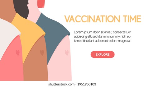 COVID-19 vaccination concept. Shoulders of coronavirus vaccinated people with shape of heart. Vaccination time web banner template.