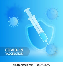 Covid-19-Impfkonzept mit Impfstoffspritze Attack auf Coronavirus, Sicherheitsschild auf glänzendem, blauem Hintergrund.