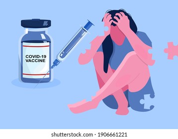 Covid-19 vaccination concept,vial with liquid for injection and syringe. Side effects,dizziness.Woman in depression because of virus. Prevent disease. Collective immunity,antigen production.Flat style