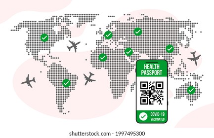 covid-19 vaccination confirmation in health passport mobile phone application, world map with planes background, journey without pandemic limitations concept, flat style vector illustration