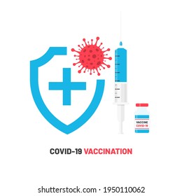 Covid-19 vaccination. Coronavirus symbol, vaccine, syringe with needle and shield. Coronavirus vaccine injection, covid-19 protection concept. Vaccination for diseases and viruses prevention. Vector
