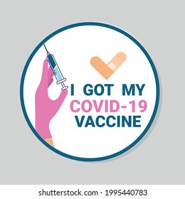 Covid-19 vaccination design template. Hand in a pink glove holding a vaccine. Coronavirus vaccination campaign poster, card, label.Hand of doctor,nurse or scientist with a syringe. Vector illustration