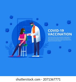 Covid-19 vaccination, doctor injecting a patient, Medical doctor wearing protective mask giving a vaccine shot in arm, muscle injection. coronavirus immunization, vector illustration
