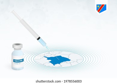 COVID-19 vaccination in DR Congo, coronavirus vaccination illustration with vaccine bottle and syringe injection in map of DR Congo. Vector template.