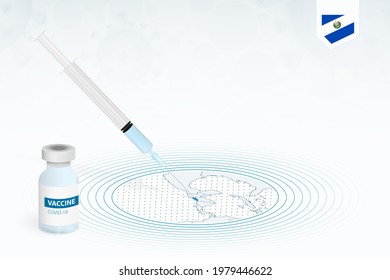 COVID-19 vaccination in El Salvador, coronavirus vaccination illustration with vaccine bottle and syringe injection in map of El Salvador. Vector template.