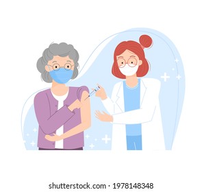 Covid19 vaccination, elderly woman getting vaccinated. Doctor injecting a patient in arm. Immunity health concept. Immunization and vaccination campaign of people against Coronavirus.Flat vector.