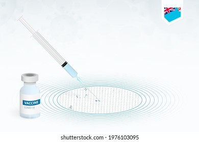 COVID-19 vaccination in Fiji, coronavirus vaccination illustration with vaccine bottle and syringe injection in map of Fiji. Vector template.