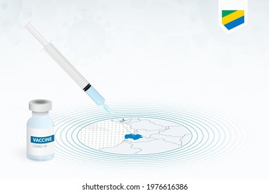 COVID-19 vaccination in Gabon, coronavirus vaccination illustration with vaccine bottle and syringe injection in map of Gabon. Vector template.