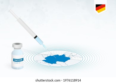 COVID-19 vaccination in Germany, coronavirus vaccination illustration with vaccine bottle and syringe injection in map of Germany. Vector template.