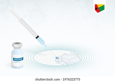 COVID-19 vaccination in Guinea-Bissau, coronavirus vaccination illustration with vaccine bottle and syringe injection in map of Guinea-Bissau. Vector template.