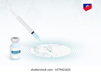 COVID-19 vaccination in Haiti, coronavirus vaccination illustration with vaccine bottle and syringe injection in map of Haiti. Vector template.
