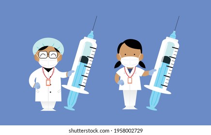 COVID-19 vaccination international campaign. Treatment against coronavirus. Women doctors wearing a facemask and holding a syringe. Isolated characters. Flat vector illustration.
