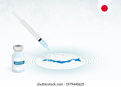 COVID-19 vaccination in Japan, coronavirus vaccination illustration with vaccine bottle and syringe injection in map of Japan. Vector template.