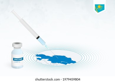 COVID-19 vaccination in Kazakhstan, coronavirus vaccination illustration with vaccine bottle and syringe injection in map of Kazakhstan. Vector template.