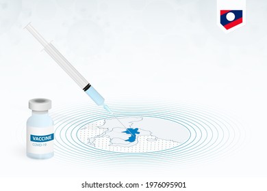 COVID-19 vaccination in Laos, coronavirus vaccination illustration with vaccine bottle and syringe injection in map of Laos. Vector template.