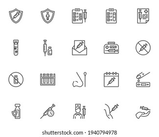 COVID-19 vaccination line icons set. Medical test linear style symbols collection, outline signs pack. Immunization vector graphics. Set includes icons as covid 19 vaccine injection, coronavirus test