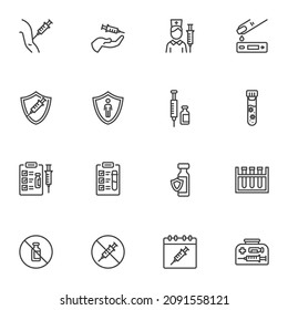 Covid-19 vaccination line icons set, outline vector symbol collection, linear style pictogram pack. Signs, logo illustration. Set includes icons as coronavirus test, vaccine injection, laboratory test