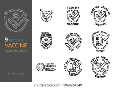 Covid-19 vaccination logo sticker design linear style. I got my Corona virus 2019-nCov vaccine concept.