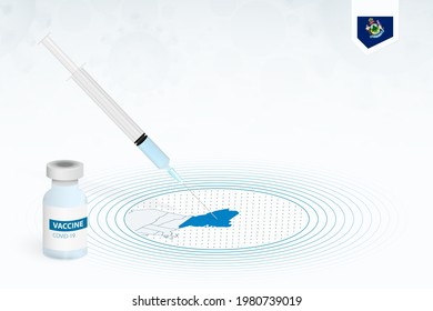 COVID-19 vaccination in Maine, coronavirus vaccination illustration with vaccine bottle and syringe injection in map of Maine. Vector template.
