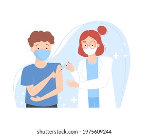 Covid19 vaccination, a man getting vaccinated. Doctor injecting a patient in arm muscle. Immunity health concept. Immunization and vaccination campaign of people against Coronavirus. Flat vector.