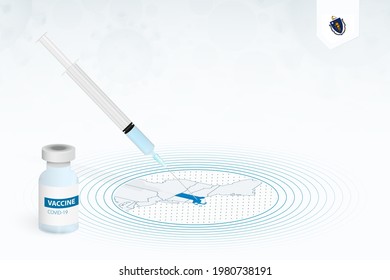 COVID-19 vaccination in Massachusetts, coronavirus vaccination illustration with vaccine bottle and syringe injection in map of Massachusetts. Vector template.