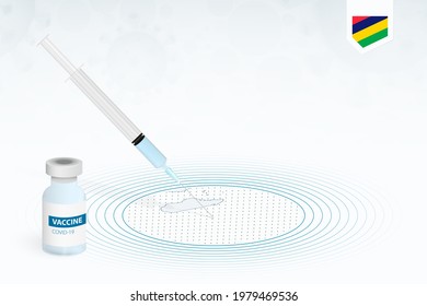 COVID-19 vaccination in Mauritius, coronavirus vaccination illustration with vaccine bottle and syringe injection in map of Mauritius. Vector template.