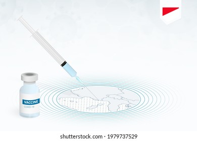 COVID-19 vaccination in Monaco, coronavirus vaccination illustration with vaccine bottle and syringe injection in map of Monaco. Vector template.