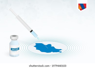 COVID-19 vaccination in Mongolia, coronavirus vaccination illustration with vaccine bottle and syringe injection in map of Mongolia. Vector template.