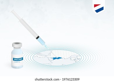 COVID-19 vaccination in Netherlands, coronavirus vaccination illustration with vaccine bottle and syringe injection in map of Netherlands. Vector template.