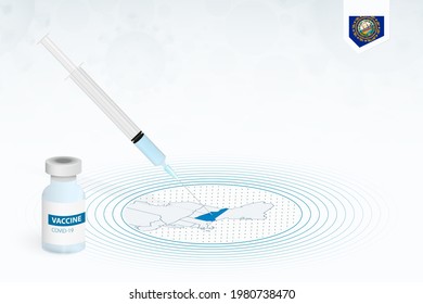 COVID-19 vaccination in New Hampshire, coronavirus vaccination illustration with vaccine bottle and syringe injection in map of New Hampshire. Vector template.