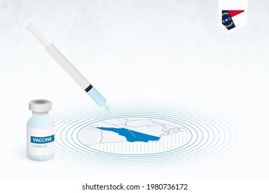 COVID-19 vaccination in North Carolina, coronavirus vaccination illustration with vaccine bottle and syringe injection in map of North Carolina. Vector template.