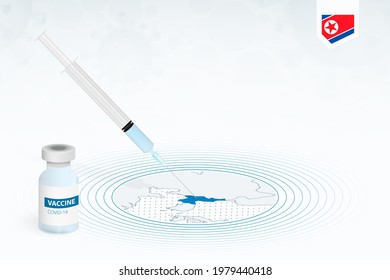 COVID-19 vaccination in North Korea, coronavirus vaccination illustration with vaccine bottle and syringe injection in map of North Korea. Vector template.