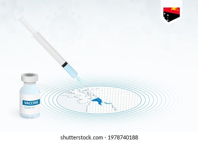 COVID-19 vaccination in Papua New Guinea, coronavirus vaccination illustration with vaccine bottle and syringe injection in map of Papua New Guinea. Vector template.