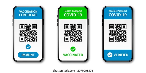 Covid-19 vaccination passport, health passport or vaccination certificate. Digital vaccination certificate of Covid-19 disease. Vaccination passport with QR code. Vector