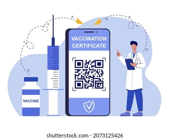 Covid-19 vaccination passport. Online vaccinated health document with QR code. Coronavirus immune pass, doctor, syringe. Corona virus vaccine certification. Flat vector illustration