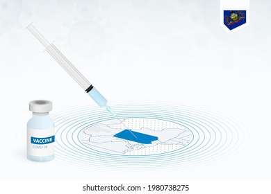 COVID-19 vaccination in Pennsylvania, coronavirus vaccination illustration with vaccine bottle and syringe injection in map of Pennsylvania. Vector template.